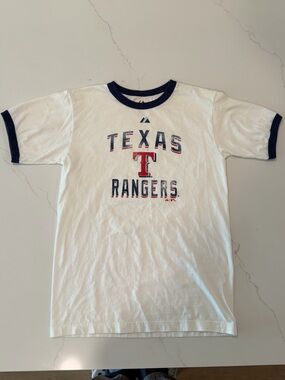 Majestic White Ringer Tee with Navy and Red Accents